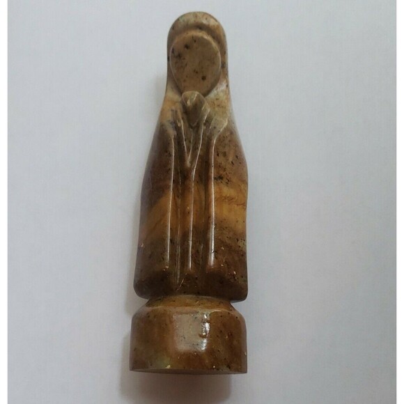 Carved Stone Figurine Praying Virgin Mary Faceless Statue Brown Flecked 6" - Picture 3 of 12